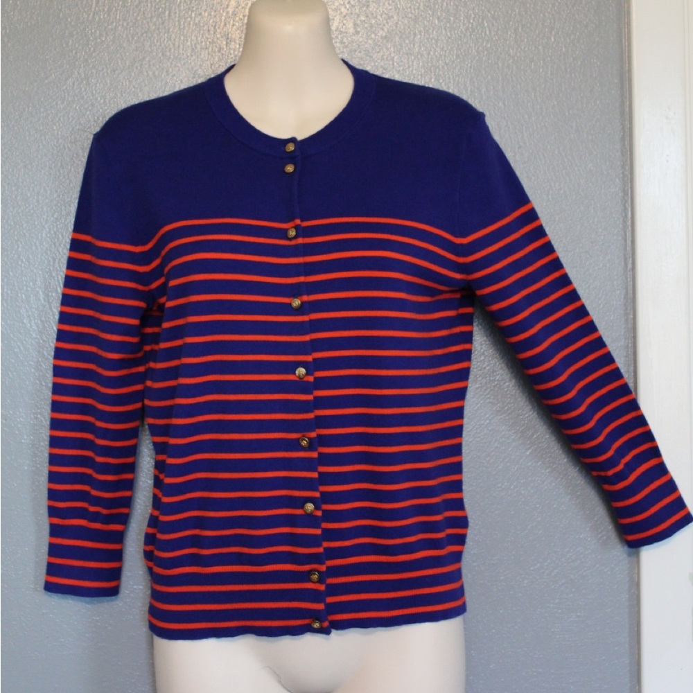J Crew Striped 3/4 Sleeve Jackie Cardigan Gold Anchor Buttons Small